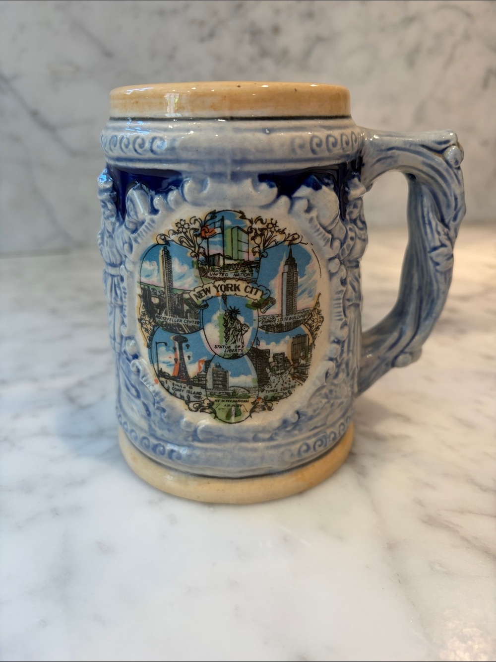 New York City Souvenir Ceramic Stein Mug in Blue and Cream Japan